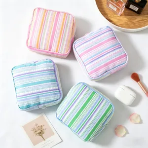 Portable Seersucker Striped Sanitary Napkin Storage Bag Multi-functional Lipstick Pouch For Women Travel Cosmetic Organizer Zipper Bag