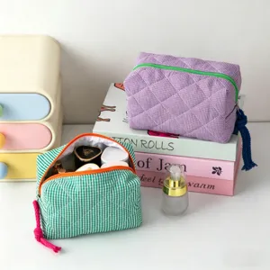 Bolsa de Cosméticos de Cuadros Gingham Acolchada Gran Capacidad Portátil de Poliéster Neceser Bloque de Color Organizador de Maquillaje