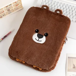 Detail view of the cute brown plush bear embroidered iPad and laptop sleeve texture
