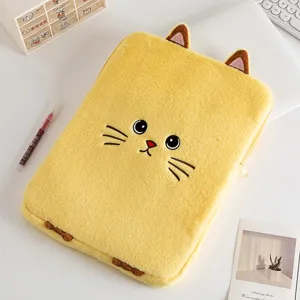 Cute yellow plush cat tablet sleeve with embroidered face and 3D ears detail view