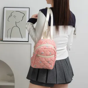Mini mochila de cuadros rojos con lazos bordados, bolso escolar acolchado estilo juvenil