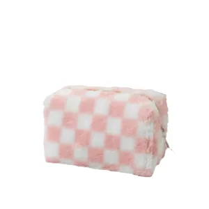Trousse de maquillage en peluche à carreaux rose et blanc avec grande capacité