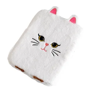 Plush white cat iPad sleeve with cute embroidered face and soft furry texture.