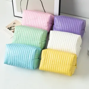 Grote Capaciteit PU Leer Make-up Tas Waterdicht Gewatteerde Streep Reizen Toiletartikelen Opbergtas Macaron Kleur Organizer