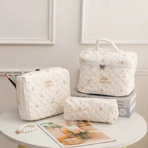 Detailed view of quilted cotton floral cosmetic bags on a styled table