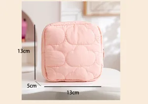 Pink cloud quilted sanitary napkin storage bag detail with 13x13x5cm dimensions shown