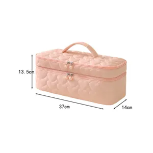 Pink quilted storage bag with heart pattern and dimension markers 37cm x 14cm x 13.5cm