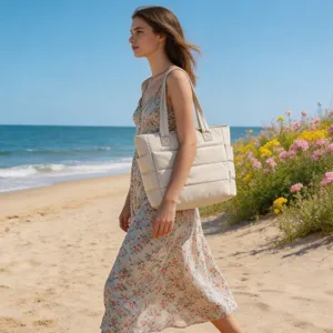 Femme sur la plage avec un grand sac fourre-tout matelassé beige, idéal pour le voyage