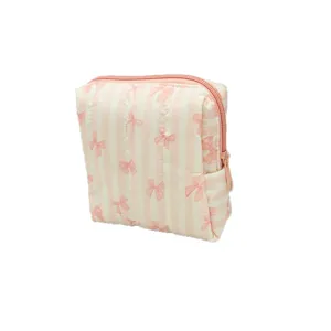 Elegante bolsa de cosméticos acolchada con patrón de lazos rosas y rayas
