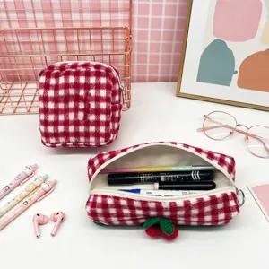 High capacity red checkered plush pencil case and square makeup pouch with cherry charm