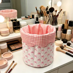 Detailed view of pink quilted fabric storage basket with bows and gingham interior on vanity