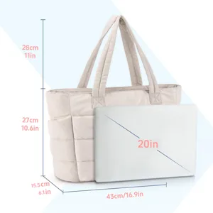 Tableau des tailles détaillé pour sac cabas matelassé beige avec dimensions et capacité