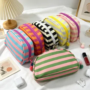 Canvas Striped Shell Makeup Bag Portable Cosmetic Organizer Travel Toiletry Wash Pouch With Pompom For Women