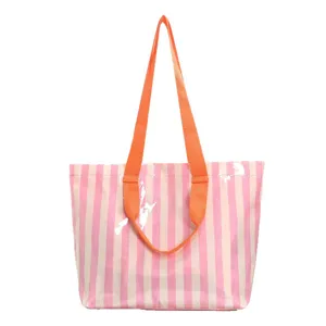 Borsa tote capiente in PVC a righe rosa con manici arancioni per il pendolarismo e i viaggi