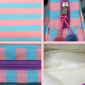 Macro detail shots of pink and blue striped makeup bag showing zipper and lining texture