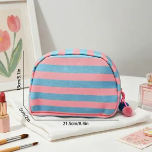 Detailed view of striped pink and blue shell cosmetic bag with size and weight annotations