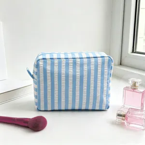 Blue and white striped seersucker makeup bag, large travel cosmetic organizer pouch
