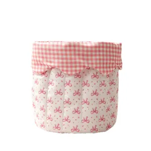 Ins style pink quilted fabric storage basket with bow patterns and gingham edge