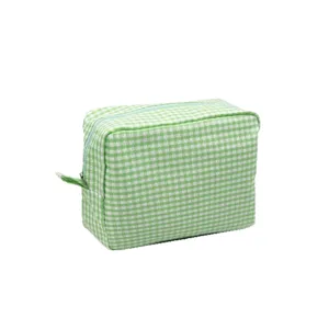 Large capacity green and white gingham seersucker cosmetic bag for travel storage