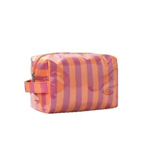 Bolsa de maquillaje de viaje grande a rayas rosas y naranjas con cierre de cremallera