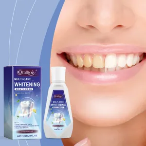 Oralhoe multi-care whitening mouthwash detail showcasing product bottle, packaging box and teeth.