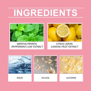 Graphique détaillé des ingrédients naturels incluant menthe citron xylitol et glycérine.