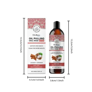 Detailed view of ORALHOE herbal oil pulling oral rinse bottle and box with dimensions.