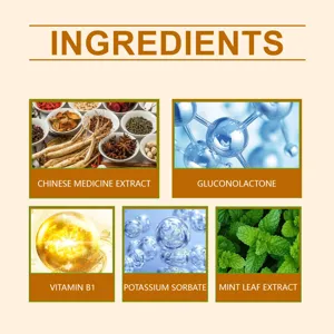 Detailed herbal gum repair liquid ingredient chart showing natural extracts and vitamins.