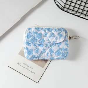 Detalle de mini bolsa acolchada con estampado de flores azules y cierre de botón