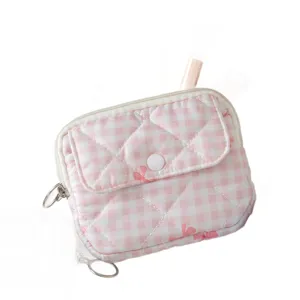 Mini bolsa acolchada de cuadros rosas para auriculares Bluetooth y monedas con cremallera