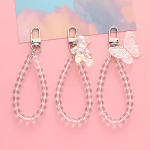 Klarer Acryl Künstliche Perle Schlüsselanhänger Transparent Beaded Schlüsselkette Mit Holographischem Bär Schmetterling Charme Für Auto Tasche Anhänger Geschenk