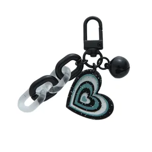 Fresh acrylic heart-shaped keychain with black bell and chain for bags or keys