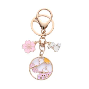 Cute cartoon alloy bunny keychain with pink sakura flower and moon rabbit charms for bags
