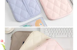 Detailed view of quilted tablet sleeves in pastel colors with laptop and iPad props