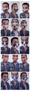 Collage von Mann mit verschiedenen 3D-Stoffmasken mit Tiermotiven und Hundemustern