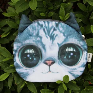 Süße Geldbörse in Katzenkopfform mit großen Augen Print und Ohren, kleine Kosmetiktasche