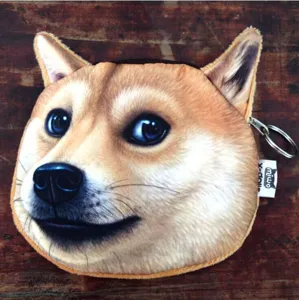 Monedero realista con cabeza de perro Shiba Inu, cremallera metálica y llavero incluido en madera