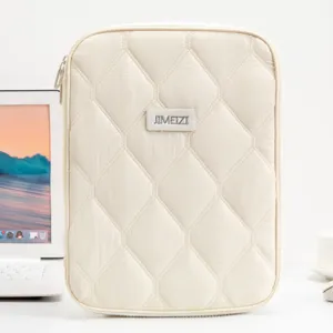Cream quilted tablet sleeve for 11-inch iPad and Huawei, minimalist protective pouch
