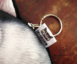 Detalle macro de monedero con estampado de perro con llavero de cremallera y etiqueta