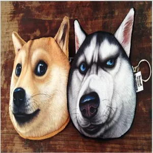 Monederos realistas con forma de cabeza de perro, Shiba Inu y Husky con llaveros