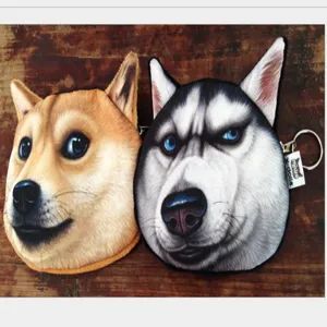 Monedero de Peluche con Forma de Cara de Perro Impresión Animal 3D Mini Billetera con Cremallera para Monedas Auriculares Bolsa de Almacenamiento