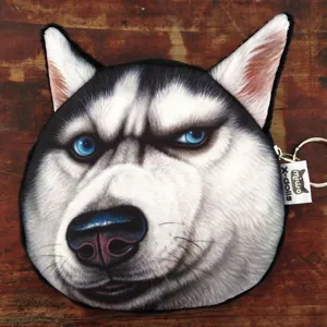 Monedero con forma de cara de perro husky realista con llavero metálico de moda