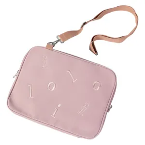 Pink padded tablet crossbody sleeve bag with embroidered letter details and strap