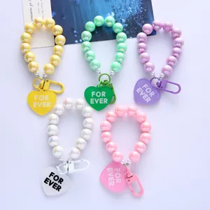 Handmade UV Plated Acrylic Bead Keychain Heart Pendant For Ever Letter Phone Case Charm Strap For Women Gift Accessory