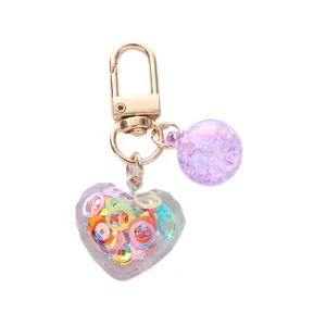 Cute colorful acrylic heart keychain with purple bead charm for bag decoration accessory