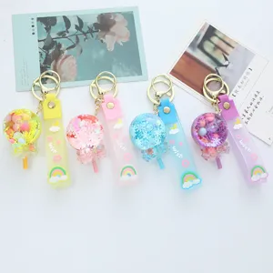 Creative Acrylic Oil Filled Lollipop Keychain Glitter Liquid Bag Charm With PVC Wish Wrist Strap Cute Cartoon Key Ring