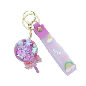 Creative acrylic oil-filled lollipop keychain with purple glitter strap