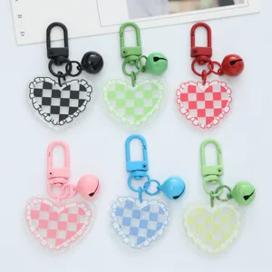 Fresh Heart Acrylic Checkerboard Keychain With Bell Cute Sweet Bag Pendant Car Keyring Headphone Case Decorative Charm