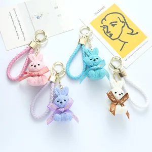 Creative Knit Texture Resin Rabbit Keychain Cute Fashion Bow Ribbon Bunny Bag Charm Keychain For Women Girls Gift Hanging Ornament