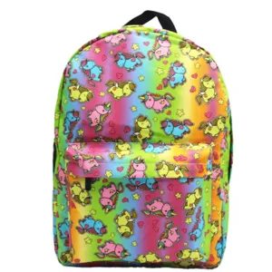 Vibrant colorful rainbow unicorn print student backpack for travel and school use